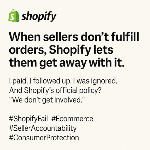 Bold black text reads “Ghosted by the Artist. Blocked by Shopify” on a minimalist beige background. Design mimics a digital error or failed complaint screen.