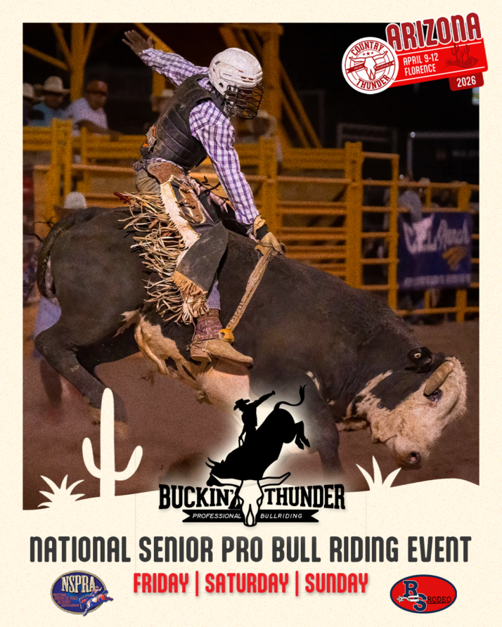 Promotional artwork for Country Thunder Arizona featuring Buckin Thunder Pro Bull Riding announcement