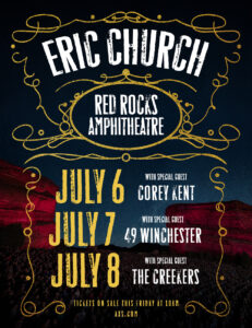 Press image of Eric Church associated with the announcement of his 2026 summer shows at Red Rocks Amphitheatre.